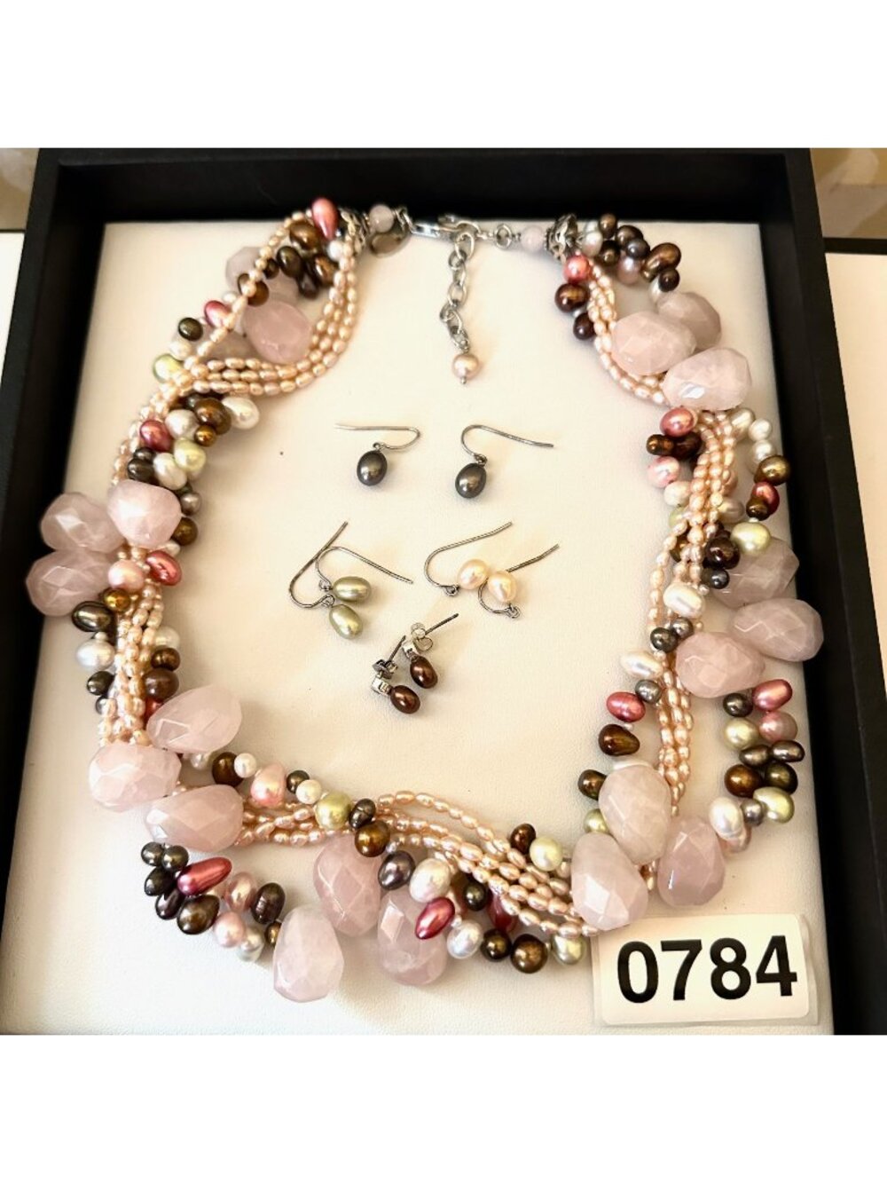 Jewelry Lot Honora Pearl Rose Quartz Sterling Silver Necklace Pierced Earrings